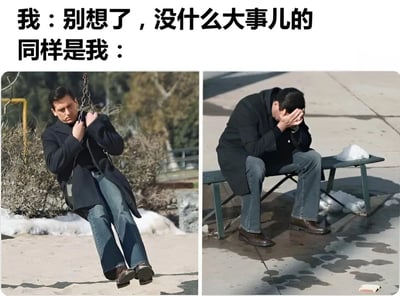 这是一张双图对比梗图，展示了同一个人在两种不同状态下的对比。左图中男子坐在秋千上，表情平静，配文“我：别想了，没什么大事儿的”；右图中同一男子坐在长椅上，双手抱头，显得非常苦恼，配文“同样是我：”。图片通过对比展现了人们表面上安慰自己“没什么大不了”，但内心却可能非常焦虑不安的矛盾状态，反映了现代人常见的心理状态。