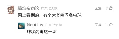 这是一张横版的社交媒体评论区截图，展示了两位来自广东的网友在2天前的互动内容。第一位用户“熵焓杂病论”以卡通人物为头像，发布评论称在网上看到一位大爷姓闪名电球，该评论获得了7个点赞；第二位用户“Nautilus”以鹦鹉螺图片为头像，回复该评论，将“闪电球”的名字顺序调换，玩“球状闪电”的梗，回复内容为“球状闪电这一块”，获得1个点赞。整个互动围绕奇特名字展开玩梗，充满趣味性，属于网友日常的网络趣味分享与互动。