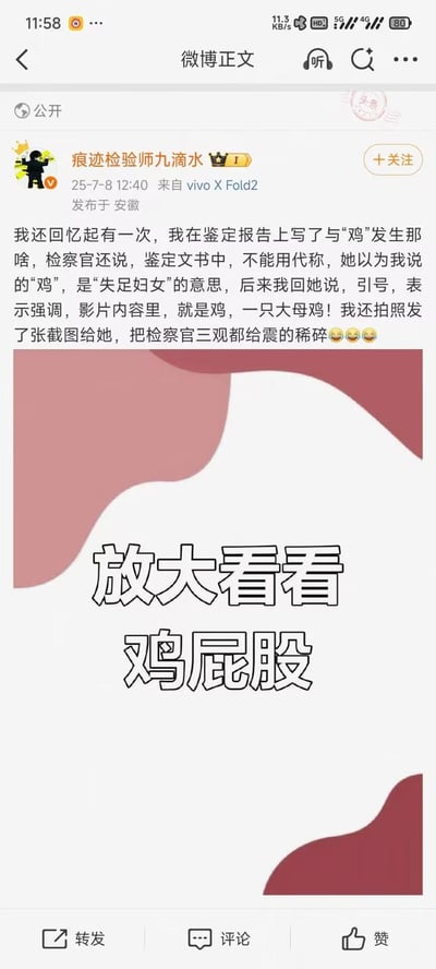这是微博用户@痕迹检验师九滴水分享的工作搞笑乌龙事件：博主在鉴定报告中写下与“鸡”发生相关内容，检察官误以为此处的“鸡”是指代“失足妇女”，指出鉴定文书不可使用代称；博主随即解释引号是强调作用，这里的“鸡”就是真实的大母鸡，还发送相关截图给检察官，让对方三观被震碎。配图是一张写有“放大看看 鸡屁股”的纯文字图，呼应事件中的“大母鸡”，制造搞笑效果。
双关梗说明：“鸡”在日常语境中容易被误解为指代失足妇女，而实际是指家禽母鸡，这种语义误解形成了核心笑点。