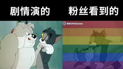 这是一张左右分栏的反差梗图，左侧栏标题为“剧情演的”，展示的是经典动画《猫和老鼠》的原版场景：大狗斯派克凶狠地用双手捏住汤姆猫的脸，汤姆一脸委屈无奈，呈现出角色间的敌对互动；右侧栏标题为“粉丝看到的”，使用了相同的画面但叠加了LGBTQ+群体象征的彩虹旗滤镜，让原本的敌对动作看起来充满暧昧感，以此调侃部分粉丝会过度脑补作品中角色的亲密关系，将普通的剧情互动脑补成CP（情侣）间的暧昧互动，形成实际剧情与粉丝脑补的强烈反差，趣味十足。