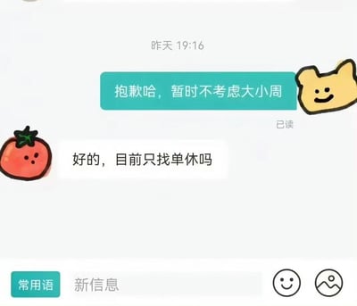 这是一张聊天记录截图，显示了一段关于工作排班制度的对话。上方消息为绿色气泡，内容是"抱歉哈，暂时不考虑大小周"，旁边配有一个黄色卡通猫咪笑脸贴纸；下方消息为白色气泡，内容是"好的，目前只找单休吗"，旁边有一个红色番茄卡通贴纸。截图显示消息发送时间为"昨天 19:16"，并有"已读"状态标识。底部可见聊天软件的部分功能按钮如"常用语"和"新信息"。