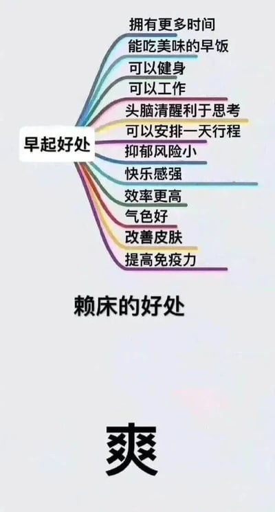 图片采用对比结构展示早起与赖床的好处。左侧以“早起好处”为主题，通过彩色线条连接列举了十二项具体益处，包括拥有更多时间、能吃美味早饭、可以健身、工作、头脑清醒利于思考、安排一天行程、抑郁风险小、快乐感强、效率更高、气色好、改善皮肤、提高免疫力。右侧“赖床的好处”下方仅用一个醒目的“爽”字概括，形成幽默反差，调侃尽管早起益处众多，但赖床带来的即时满足感更直接。