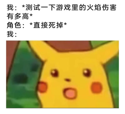 这是一张贴合游戏玩家日常的搞笑梗图，上方文字还原了玩家的真实经历：玩家原本只是想测试游戏内火焰伤害的数值强度，结果操控的角色直接被火焰秒杀；下方搭配了《精灵宝可梦》系列中皮卡丘震惊的经典表情包，精准地传递出玩家看到角色突然暴毙时的意外、错愕与傻眼的情绪，用夸张的卡通表情放大了游戏中这类突发状况带来的荒诞搞笑感，容易引发游戏玩家的共鸣。