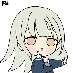 这是一张正方形的Q版风格卡通表情素材图，角色是《BanG Dream! It's MyGO!!!!!》中的若叶睦，她有着浅灰白色长发与浅棕色眼眸，身穿深色校服，正将一根手指放在嘴边做出噤声的嘘动作，嘴巴微张，露出惊讶又略带好奇的神情，画面无对白，仅左上角有"IRa"的水印，整体风格可爱，适合用作聊天时表达噤声、惊讶等情绪。