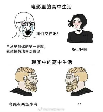 该图通过上下两部分幽默对比电影与现实中的高中生活。上半部分“电影里的高中生活”描绘浪漫场景：戴眼镜的男生泪流满面地向黑长发女生表白“我们交往吧！自从见到你的第一天起，我就悄悄地喜欢着你！”，女生害羞回应“好...好啊”；下半部分“现实中的高中生活”则展现接地气日常：两个留着胡须的男生（调侃高中生外貌焦虑）对话“今晚有两场小考”，形成强烈反差，吐槽电影情节与现实的差距，引发学生群体共鸣。