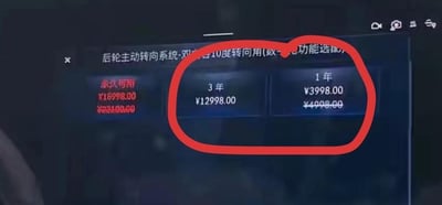 这是一张汽车车机系统的界面截图，展示了「后轮主动转向系统-双向10度转向角」这项数字选配功能的付费订阅价格选项。界面中提供了三种购买方案：永久可用套餐原价22998元，现价16998元；3年使用期限套餐价格为12998元；1年使用期限套餐原价4998元，现价3998元。其中3年和1年的套餐被红色圆圈标注出来，突出显示这两个短期订阅选项。这类付费解锁车辆功能的模式是部分新能源车企推出的服务，让车主可以根据自身需求选择不同时长的功能使用权。