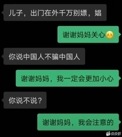这是一段母子的聊天记录截图，对话内容为：妈妈先是叮嘱儿子“出门在外千万别嫖娼”，随后要求儿子说出“中国人不骗中国人”来做保证，但儿子始终回避妈妈的要求，反复用“谢谢妈妈关心”“谢谢妈妈，我一定会更加小心”“谢谢妈妈，我会注意的”这类回应来打太极，全程不接妈妈的话茬，形成了一种搞笑的对话效果，体现出儿子不想直面妈妈要求的心态。