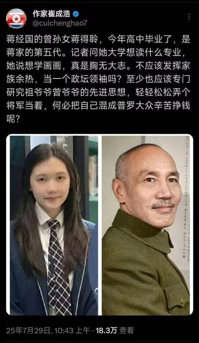 这是X平台（原推特）用户“作家崔成浩”发布的一条社交媒体内容，采用左右对比的拼贴形式，左侧是标注为蒋经国曾孙女蒋得聆的高中校服照，右侧是蒋介石的历史照片。配文以调侃的语气，对蒋得聆选择学习画画专业的决定提出质疑，认为她应当利用家族资源投身政坛或研究先辈思想，而非从事普通职业，整体内容带有讽刺调侃的意味。