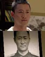 图片为上下对比结构，上方是一名短发男子的彩色照片，背景可见书架等现代室内元素，男子表情平静正视前方；下方是一名身着军装的男子黑白照片，表情严肃，同样正视前方。两张照片中的男子外貌高度相似，形成鲜明的时代与着装对比。
