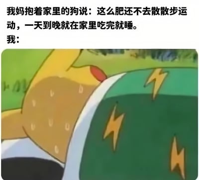 图片上方文字描述妈妈抱着家里的狗，抱怨狗太肥不运动、整天吃完就睡，下方配图是宝可梦系列中的皮卡丘，它身体呈现出肥胖的状态，躺在地上，身上有汗珠和闪电符号，表情看起来紧张又心虚，暗指“我”和狗一样有不爱运动、贪吃嗜睡的特点，从而产生幽默的共鸣效果。