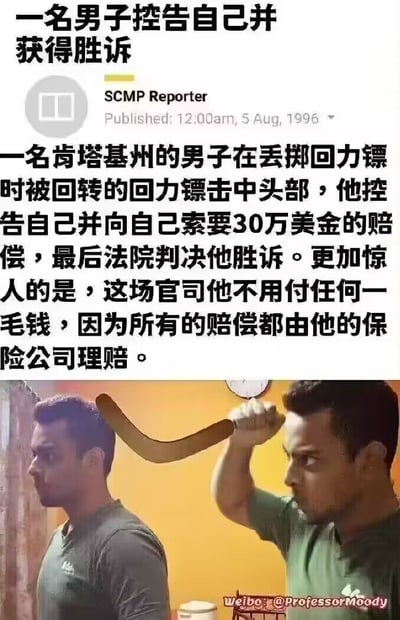 这是一张图文混排的搞笑梗图，上半部分为模拟的新闻报道内容：标注来源为SCMP Reporter，发布时间为1996年8月5日，内容称美国肯塔基州（文中译做岗塔基州）一名男子投掷回力镖时被回转的回力镖击中头部，他控告自己并向自己索要30万美金赔偿，最终法院判决他胜诉，且所有赔偿都由他的保险公司理赔，他无需支付任何费用。下半部分是配套的搞笑演绎图，同一个男子分饰两角，右侧的自己手持回力镖正要砸向左侧的自己，直观呈现新闻中自己伤害自己的荒诞场景，图片右下角带有微博博主@ProfessorMoody的水印。