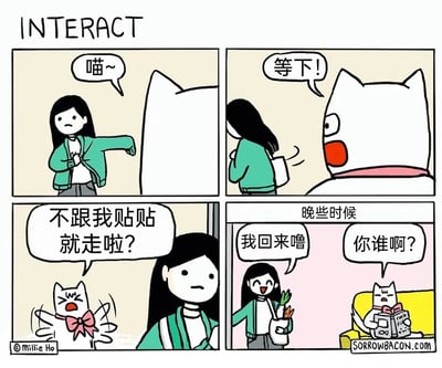 这是一则四格连环漫画，描绘了女生与猫咪之间充满反差感的趣味互动：第一格中，女生模仿猫叫，伸手想要和猫咪贴贴；第二格，猫咪突然叫住正准备出门的女生；第三格，猫咪着急地挥动爪子质问女生“不跟我贴贴就走啦？”，表现出迫切想要亲近的态度；第四格，晚些时候女生提着买的菜回家，猫咪却坐在沙发上看书，一脸冷漠地问“你谁啊？”，前后态度形成巨大反差，生动展现了猫咪傲娇健忘的搞笑特质，精准还原了宠物时而黏人时而冷漠的真实状态。
