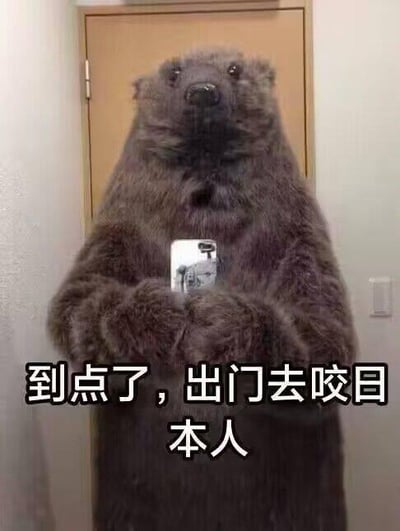 图中展示了一个穿着逼真棕熊全套服装的人物，正双手举着手机对着自己进行自拍，背景是普通的室内门和墙面。图片下方配有恶搞文字“到点了，出门去咬日本人”，这里运用了谐音梗，“咬日本人”谐音“咬日本人”，用这种无厘头、荒诞的说法制造搞笑效果，整体风格诙谐幽默，没有政治性内容，仅用于娱乐调侃。