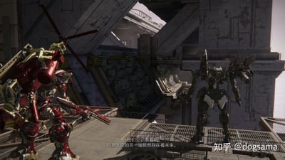 这是FromSoftware开发的硬核机甲动作游戏《装甲核心6：境界天火》的剧情截图，画面中两台定制化机甲伫立在巨型工业风格的未来都市平台上，左侧是带有旋翼装置的红黄色机甲（拉斯提的专属机甲），右侧是灰调制式风格的玩家机甲，背景是层叠压抑的巨型工业建筑群。画面底部弹出角色拉斯提的台词：“让他们见识看看吧。炽热天空的另一端依然存在着未来。”，传递出充满信念与斗志的热血氛围，整体画面充满科幻机甲题材的厚重感与硬核质感。