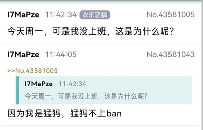 这是一张社区论坛的聊天记录截图，用户I7MaPze先发布了一条提问：“今天周一，可是我没上班，这是为什么呢？”，随后自己回复了这条提问，给出的答案是一个谐音梗：“因为我是猛犸，猛犸不上ban”。这里借用了MOBA游戏《DOTA2》里的英雄猛犸（马格纳斯），以及游戏中禁用英雄的术语“ban”，将日常词汇“上班”的“班”谐音成游戏术语“ban”，制造出荒诞搞笑的效果，属于欢乐恶搞类的原创段子，用游戏相关的梗来调侃周一上班的日常，给人轻松搞笑的感觉。