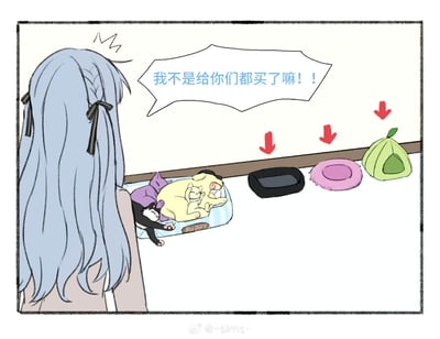 蓝发铲屎官给家里的三只宠物（黑猫、黄猫、黄狗）分别准备了专属的窝：黑色窝、粉色窝、绿色帐篷窝，但三只宠物却全都挤在一个写着“PUPPY”的狗窝里，完全无视自己的专属窝。铲屎官背对镜头，生气地喊出“我不是给你们都买了嘛！！”，生动展现了宠物们不爱自己的窝、偏爱共享同一个窝的可爱又让主人无奈的日常，没有双关或谐音梗。