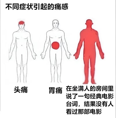 这是一张幽默对比图，通过三个简化的人体示意图展示不同场景下的“痛感”。左侧图中人物头部红色高亮，下方标注“头痛”；中间图中人物腹部红色圆形高亮，下方标注“胃痛”；右侧图中人物全身红色高亮，下方配有文字“在坐满人的房间里说了一句经典电影台词，结果没有人看过那部电影”，用夸张的全身红色来比喻这种社交尴尬带来的强烈“痛感”，形成搞笑的反差效果。