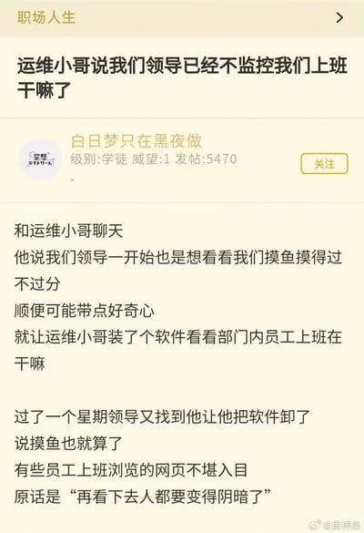 这是一张社交媒体截图，内容为用户“白日梦只在黑夜做”（级别：学徒，威望：1，发帖：5470）分享的职场趣事。帖子称运维小哥透露，领导原本安装软件监控员工上班动态，想看看大家摸鱼是否过分，结果一周后就要求卸载，理由是“有些员工上班浏览的网页不堪入目，再看下去人都要变得阴暗了”。整体风格轻松搞笑，用夸张的职场轶事引发共鸣。