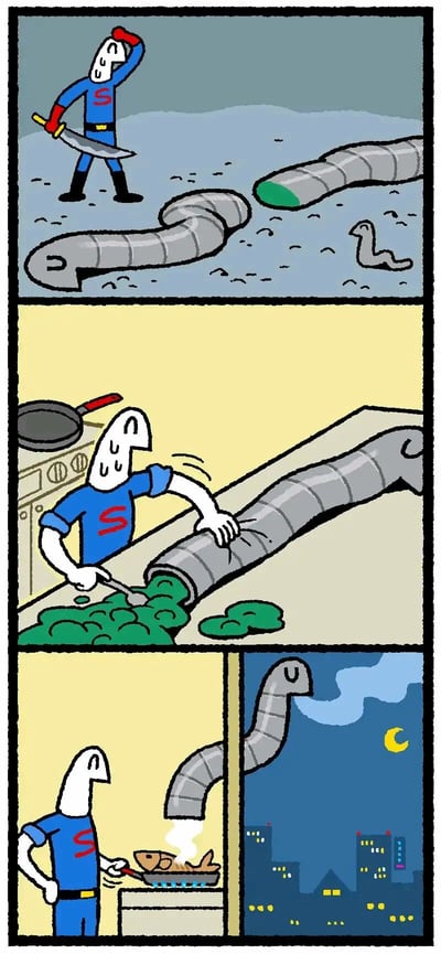 这是一组三格竖版连环卡通漫画，主角是身着带S标志蓝衣的恶搞超人形象：第一格中，角色满头大汗手持刀具，在户外面对断裂的灰色管道和小部件，仿佛在戒备猎杀怪物；第二格场景切换至厨房，角色同样慌乱地用勺子清理从管道流出的绿色污垢；第三格分为两个画面，角色在厨房煎鱼，而管道的另一端通向夜晚的城市户外，揭晓第一格的“怪物”实则是自家的排水管，角色将日常的家务管道误认成猎怪目标，制造出荒诞的乌龙喜剧效果。