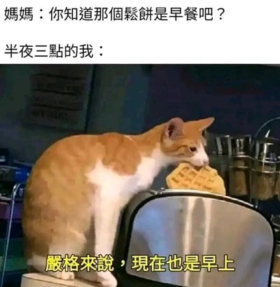 这是一张静态搞笑梗图，图中上方配有文字“妈妈：你知道那个松饼是早餐吧？”，中间展示了一只橘白相间的猫咪站在厨房的烤面包机旁，正低头啃食放在烤面包机上的松饼，对应文字“半夜三点的我”，图片下方配文“严格来说，现在也是早上”。该梗图以猫咪偷吃松饼的场景代入“半夜嘴馋想吃早餐食物的自己”，用“半夜三点属于早上”的歪理来狡辩，精准还原了很多人嘴馋时找借口满足口腹之欲的日常，充满诙谐幽默的趣味。