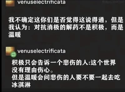 这是一张聊天界面截图，整体为深灰色背景，用户venuselectrificata先后发布两段文字观点：首先提出对抗消极的解药不是积极而是温暖的核心观点，随后补充解释，积极的态度只会否定悲伤者的情绪，要求对方不该伤心，而温暖的态度则会共情对方的情绪，主动邀请悲伤的人一起去吃冰淇淋，整体传递出更具人文关怀的情绪支持理念，容易引发受众共情。