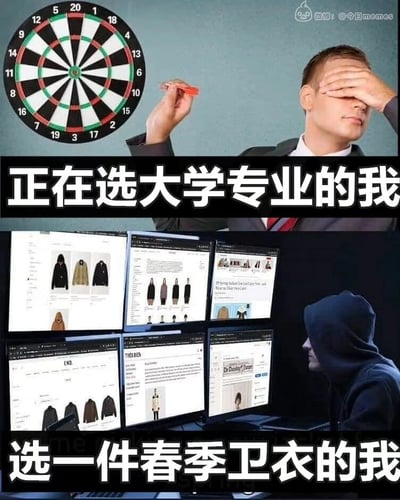 这是一张上下拼接的反差类网络梗图，上半部分呈现的是一位身着西装的男士，一只手捂住眼睛，另一只手随意地投掷飞镖，配文“正在选大学专业的我”，生动表现出很多人在选择人生重要的大学专业时，抱着敷衍、随意的态度，完全不重视这件事；下半部分则是一位穿着连帽衫的人，正专注地盯着面前六台显示着卫衣商品页面的电脑屏幕，配文“选一件春季卫衣的我”，展现出在挑选日常服饰这类小事时，却投入了极高的精力和专注力。整张图通过这种强烈的行为反差，调侃了当代年轻人在面对人生重大选择时随意敷衍，在生活琐碎小事上却过度纠结的矛盾状态，极易引发网友的共鸣。