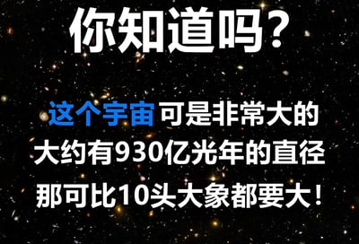这是一张以黑色星空为背景的图文混排图片，画面中分布着许多闪烁的星星模拟宇宙场景。上方用大号白色加粗字体写着“你知道吗？”，中间蓝色字体突出显示“这个宇宙可是非常大的”，下方白色文字依次为“大约有930亿光年的直径”和“那可比10头大象都要大！”。图片通过将宇宙直径这一宏大的天文尺度与“10头大象”进行荒诞对比，制造出幽默搞笑的效果，属于科普类的趣味梗图。