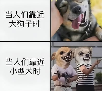 这张梗图通过四格对比，展示了人们靠近大狗和小狗时的不同反应。上半部分，大狗被抚摸时显得开心放松；下半部分，小狗则以持枪对峙的凶狠形象出现，形成强烈反差，幽默地讽刺了小型犬常有的攻击性。