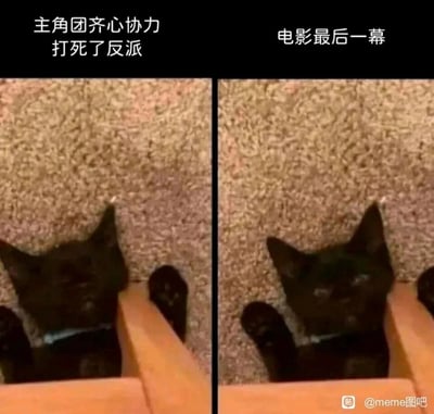 这是一张左右对比的静态meme图，左侧配文“主角团齐心协力打死了反派”，对应画面中一只黑猫平静地趴在木质边缘，露出爪子；右侧配文“电影最后一幕”，对应画面中同一只黑猫露出似笑非笑的假笑表情。图片用黑猫的表情反差，精准调侃了很多商业电影的常见套路：主角团历经艰辛击败反派后，在电影结尾看似释然，实则内心空虚茫然，只能强装出轻松的样子，用动物的表情生动还原了这种微妙的情绪反差，充满搞笑效果。