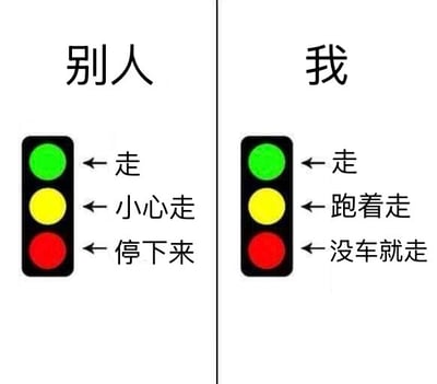 图片为左右对比结构，左侧“别人”的交通灯行为遵循规则：绿灯走、黄灯小心走、红灯停下来；右侧“我”则更随性：绿灯走、黄灯跑着走、红灯没车就走。通过夸张对比展现个人在交通规则遵守上的“灵活”态度，充满自嘲式幽默。
