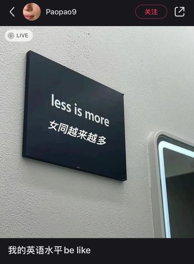 一张社交媒体截图，展示了墙上的黑色标语牌。标语牌上半部分是英文短语"less is more"，下半部分是中文翻译"女同越来越多"。图片底部有文字"我的英语水平 be like"，通过错误翻译制造幽默效果，调侃英语水平差的自嘲场景。

图片使用了谐音梗和错误翻译的幽默手法，将"less is more"（少即是多）故意错误翻译成意思完全不同的"女同越来越多"，形成搞笑对比。
