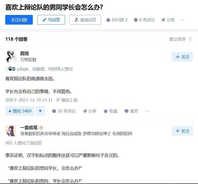 这是一张问答平台的截图，展示了一个关于"喜欢上辩论队的男同学长会怎么办?"的问题及两条高赞回答。第一条回答建议"喜欢辩论队的南通就去追"，第二条回答则通过调整标点符号制造了歧义，展示了"喜欢上辩论队的男同学长，会怎么办?"和"喜欢上辩论队的男同，学长会怎么办?"两种解读，用标点梗制造了幽默效果。