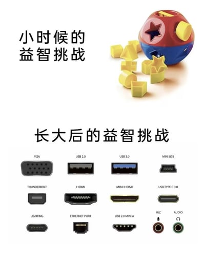 这张图采用上下对比的呈现形式，上半部分是小时候的益智玩具——形状配对球，需要将对应形状的积木塞进球里；下半部分则是各式各样的电脑电子接口，包括VGA、USB 2.0、USB 3.0、HDMI、Type-C等十余种不同接口。图中用“小时候的益智挑战”和“长大后的益智挑战”作为标题，幽默地调侃长大后分辨繁多且相似的电子设备接口，难度不亚于小时候完成形状配对的益智任务，精准戳中人们在使用电子设备时被复杂接口困扰的共鸣点。
