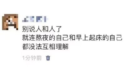 这是一张社交媒体动态截图，左上角搭配了像素风格的《Minecraft》村民头像，动态文案用幽默的口吻吐槽：“别说人和人了，就连熬夜的自己和早上起床的自己都没法互相理解”，精准戳中了有熬夜经历人群的痛点，将熬夜时的放纵状态与早起时的疲惫懊悔状态的反差具象化，引发强烈共鸣，没有双关、谐音梗等特殊表达。