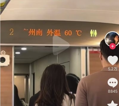 这是一张短视频播放截图，拍摄场景为高铁车厢门口区域，车厢上方的电子显示屏显示当前车厢编号为2，停靠站点为广州南，同时标注外界温度为60℃，该温度数值明显不符合现实气象常识，属于显示屏故障。画面中可见多名乘客的背影，正排队进入车厢内部。画面右侧带有典型的短视频平台交互UI，包括获得5.2万赞的点赞按钮、对应8845条评论的评论按钮、收藏按钮，以及右上角的发布者头像关注入口，整体内容因离谱的高温显示具备搞笑趣味属性。