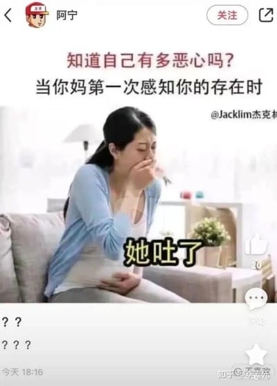 这是一张社交媒体平台的截图类梗图，画面主体是一位坐在沙发上的孕妇，她捂着嘴，呈现出孕吐的状态，一只手放在腹部，面露难受的神情。图中搭配了玩梗文字：上方是“知道自己有多恶心吗？当你妈第一次感知你的存在时”，下方是“她吐了”，利用孕妇怀孕初期会孕吐的生理常识，制造出“自己的存在让妈妈觉得恶心”的错位调侃，用自嘲的方式制造无厘头的搞笑效果。截图下方的评论区里，有用户发布了三条“？？？”，表达出对这个梗的疑惑或是觉得其过于无厘头的反应。