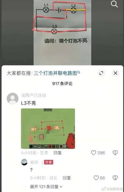 图片展示了一个包含三个灯泡(L1、L2、L3)的电路图，并配有问题"请问：哪个灯泡不亮"。下方是微博评论区截图，显示有917条评论，置顶评论来自已注销用户，称"L3不亮"并附上了一张Minecraft游戏中的红石电路截图作为解释，作者"峻玢"回复了一个问号。