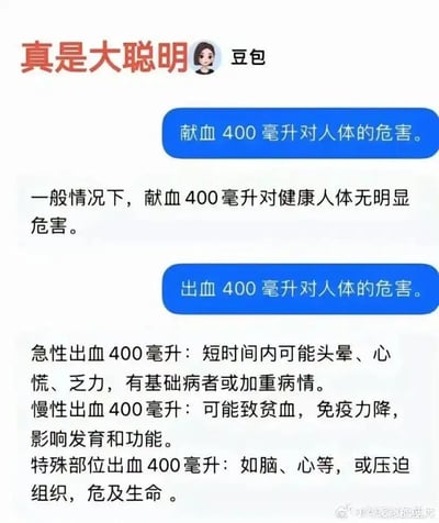 这是一张与AI聊天机器人豆包的对话记录截图，用户先后提出两个相似问题：“献血400毫升对人体的危害”和“出血400毫升对人体的危害”，豆包给出了截然不同的专业回复：健康人献血400ml无明显危害；而出血400ml则分急性、慢性、特殊部位三种情况，分别说明了对应的身体影响，严重时甚至危及生命。内容为专业健康知识科普，无谐音梗、双关或暗示类内容。