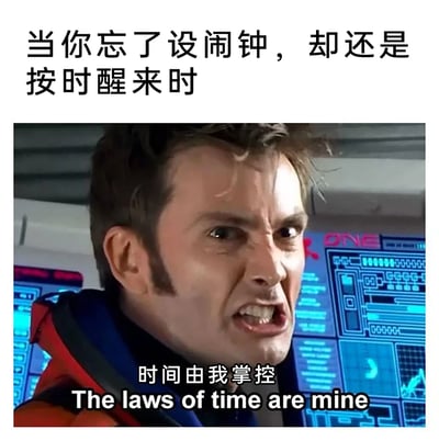 这是一张搞笑日常梗图，顶部用文字描述场景“当你忘了设闹钟，却还是按时醒来时”，下方是英国科幻剧《神秘博士》中第十任博士的影视截图，图中角色面部狰狞，眉头紧皱，咬牙切齿，搭配中英文台词“时间由我掌控 The laws of time are mine”，用科幻作品中充满掌控感的霸气台词，夸张地调侃自己不用闹钟也能按时醒来的日常小事，将普通的起床经历赋予了一种掌控时间规律的科幻式霸气，充满反差感和趣味性。