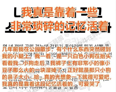 这是一张以文字为主的图片，上方是醒目的橙色加粗标题“我真是靠着一些非常琐碎的记忆活着”，下方是一段个人回忆文字：几年前在公园散步时，一只白色小狗碰到小腿，离开后裤子上留下一块与小狗鼻子大小相当的小湿痕，作者觉得这个细节非常可爱，并称自己“靠着这段记忆活着”。整体传递出从生活琐碎瞬间中汲取温暖与力量的治愈感。
