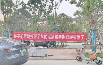这是一张户外实拍的横图，场景位于学校或学校周边区域。画面中一条醒目的红色横幅被悬挂在几棵行道树之间，横幅上印有白色文字“孩子们阿姨打饭手抖的毛病这学期已经根治了”，这句标语用幽默的方式回应了学生群体中广为调侃的食堂阿姨打饭手抖、给菜量少的话题，充满趣味。横幅下方的路边，停放着一辆灰色的新能源轿车和一辆橙灰色的电动车，旁边还堆叠着一些板材，背景是树木和远处的建筑物，整体呈现出日常、接地气的校园周边氛围。