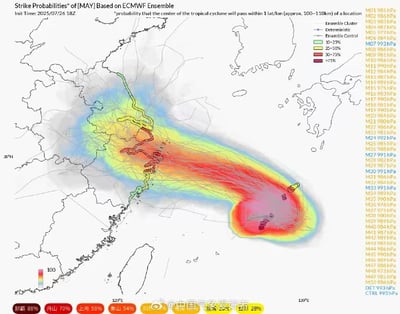 这张图展示了2025年7月26日“台风MAY”在华东沿海可能路径和影响概率，基于ECMWF集合预报数据生成。多色概率热力图直观显示台风可能登陆和影响区域，从南海逐渐向中国华东、长三角一带移动，各地被概率数值标注，体现紧迫天气信息。风格严谨，以气象预报信息为主，未见双关或谐音梗。