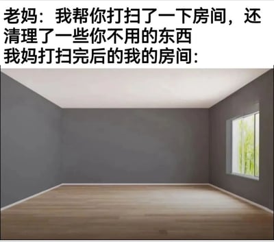 这张梗图通过文字和图片的幽默对比，展现了很多人都有过的经历：妈妈帮忙打扫房间后，把自己认为"没用"的东西都清理掉了。图中上方文字是妈妈的话："我帮你打扫了一下房间，还清理了一些你不用的东西"，下方则是一张空荡荡的房间照片，用夸张的方式表现妈妈打扫后房间里几乎所有物品都被清理一空的搞笑场景，引发共鸣和笑点。