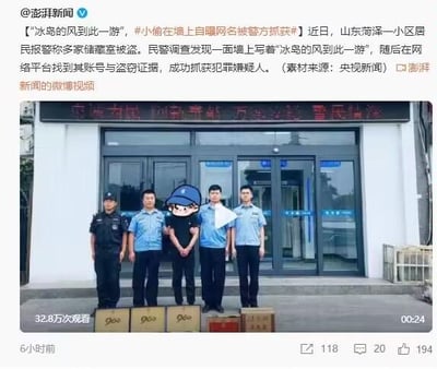 该图片为微博截图，内容是山东菏泽一起盗窃案件的新闻报道。画面上方是澎湃新闻的微博文字，讲述小区居民被盗后，民警发现墙上写有“冰岛的风到此一游”，通过网络平台锁定并抓获嫌疑人。下方配图显示几名警察与一名戴手铐的嫌疑人站在派出所门前，嫌疑人面部被卡通头像遮挡。整体呈现新闻事件的趣味性与警示性，小偷因留下独特网名自曝身份而被抓，具有讽刺幽默效果。