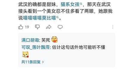这是一张社交媒体截图，内容为一段幽默文案：“武汉的确都是甜妹，猫系女孩，那天在武汉接头看到一个美女忍不住多看了两眼，她跟我说喵喵喵喵莫比喵。” 下方有点赞数（19）、评论等互动按钮，以及两条评论：“满口胡诌: 笑死 😂”和“可叹_落叶飘零: 估计这句话外地可能听不懂”，并显示“共11条回复 >”。文案通过将武汉女孩比作“猫系女孩”，并虚构其发出“喵喵”叫声的情节制造笑点，“莫比喵”可能是谐音或无意义的趣味延伸，增强了幽默效果。
