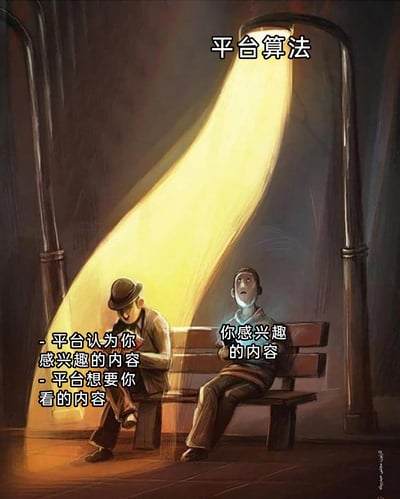 这是一张讽刺内容平台算法推送机制的卡通风格插画，画面中的路灯被标注为“平台算法”，其灯光形成了一块局限的照明区域：灯光覆盖范围内的人正专注查看“平台认为你感兴趣的内容、平台想要你看的内容”，而灯光范围外的人，面对的是“你感兴趣的内容”，却处于黑暗之中，只能茫然抬头。这幅图通过视觉化的对比，形象地隐喻了当下内容平台的算法逻辑：用户的视野被平台筛选后的内容所限制，真正符合用户自身兴趣的内容反而被算法的“灯光”隔绝在外，用户被禁锢在平台构建的信息茧房里。