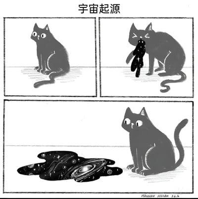 这是一幅三格黑白漫画，标题为'宇宙起源'。第一格：一只黑猫睁大眼睛坐在地上，看向左侧。第二格：黑猫嘴里叼着一个带有星星和星云的小物体，表情似乎有些得意。第三格：黑猫坐在地上，旁边有一滩散开的宇宙物质（包含星系、星星等），黑猫回头看着这滩物质，眼神惊讶。漫画通过幽默的方式想象宇宙起源可能与一只猫的意外行为有关。
