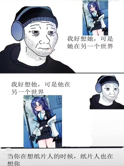 这是一张上下分栏的二次创作梗图，上半部分是欧美网络经典失意男性Wojak形象，配文“我好想她，可是她在另一个世界”，旁侧是手游《蔚蓝档案》中的角色早濑优香；下半部分是早濑优香的雨中形象，配文“我好想他，可是他在另一个世界”，旁侧是Wojak形象，底部以“当你在想纸片人的时候，纸片人也在想你”作为总结。图中用现实与二次元的“另一个世界”作为隔阂，通过双向思念的设定，戳中二次元爱好者的情感需求，制造跨次元的共情与慰藉，没有双关或谐音梗。