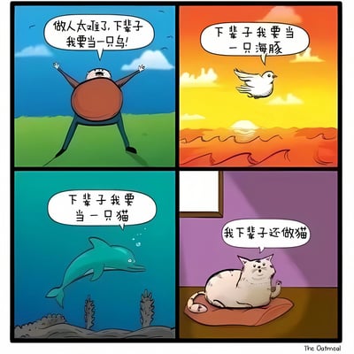 四格漫画展示了不同生物对下辈子的愿望。第一格中，一个圆胖的人物双臂张开，感叹做人太难，想下辈子当鸟；第二格中，一只鸽子在夕阳下飞翔，希望下辈子当海豚；第三格中，一只海豚在水中游动，想下辈子当猫；第四格中，一只猫趴在垫子上，满足地表示下辈子还想做猫。