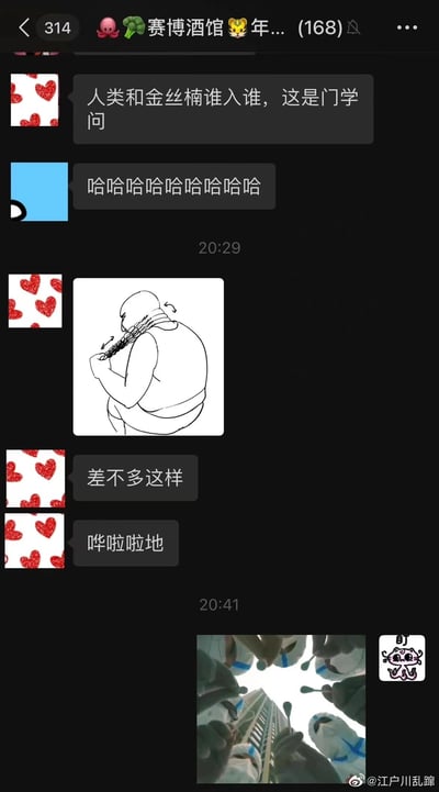 这是一张社交媒体聊天记录截图，展示了一个名为"赛博酒馆"的群聊内容。对话围绕"人类和金丝楠谁入谁"的话题展开，包含文字消息和两张图片。第一张图片是一个线描画，描绘一个人物形象；第二张图片显示一群戴着口罩和防护装备的人从上方俯视拍摄者。对话中包含幽默元素和视觉配合，整体氛围轻松有趣。